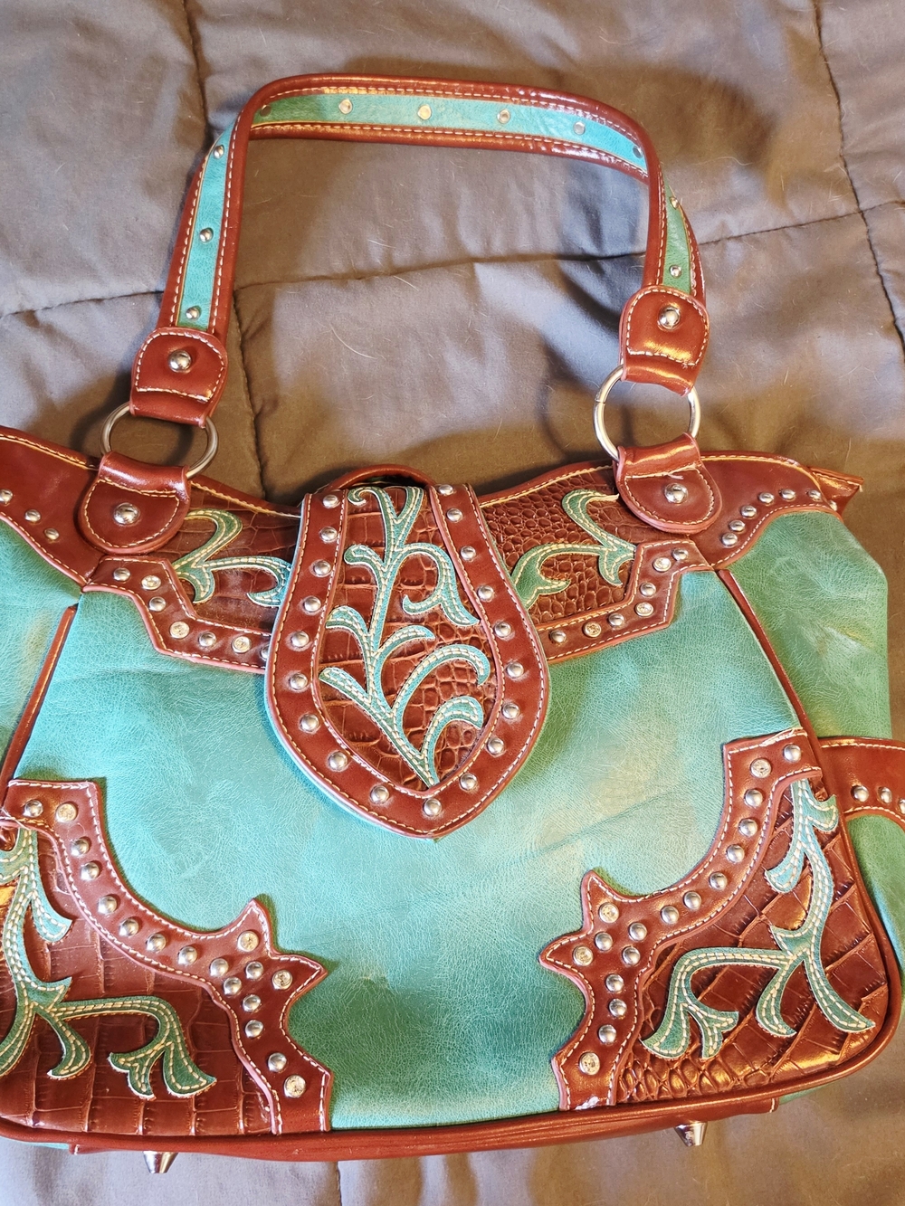 Cowgirl Trendy Turquoise and Brown Embroidered Shoulder Bag with Stud Accents